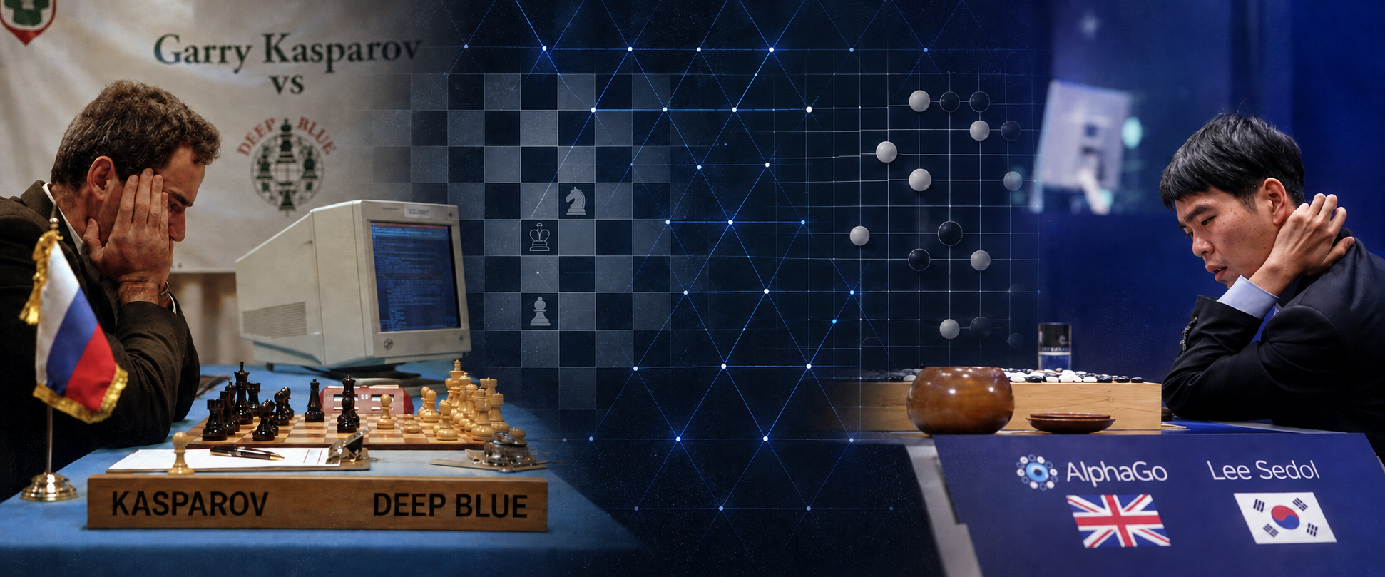 Garry Kasparov faces Deep Blue in 1997 while Lee Sedol studies AlphaGo in 2016, joined by a continuous chess-to-Go board